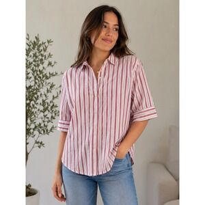 Friends Like These Pink & White Striped Linen Blend Button-Up Shirt  US 8 NWT